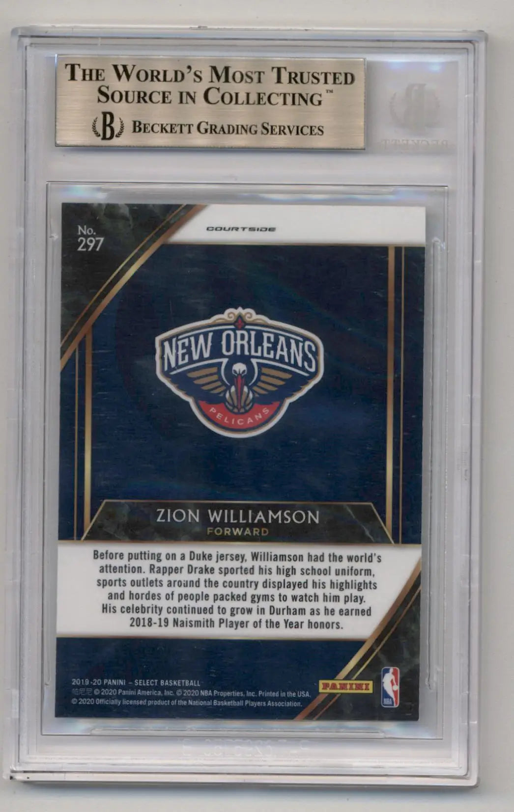 BGS-graded Zion Williamson 2019-20 Select Courtside Rookie #297 with Pelicans logo