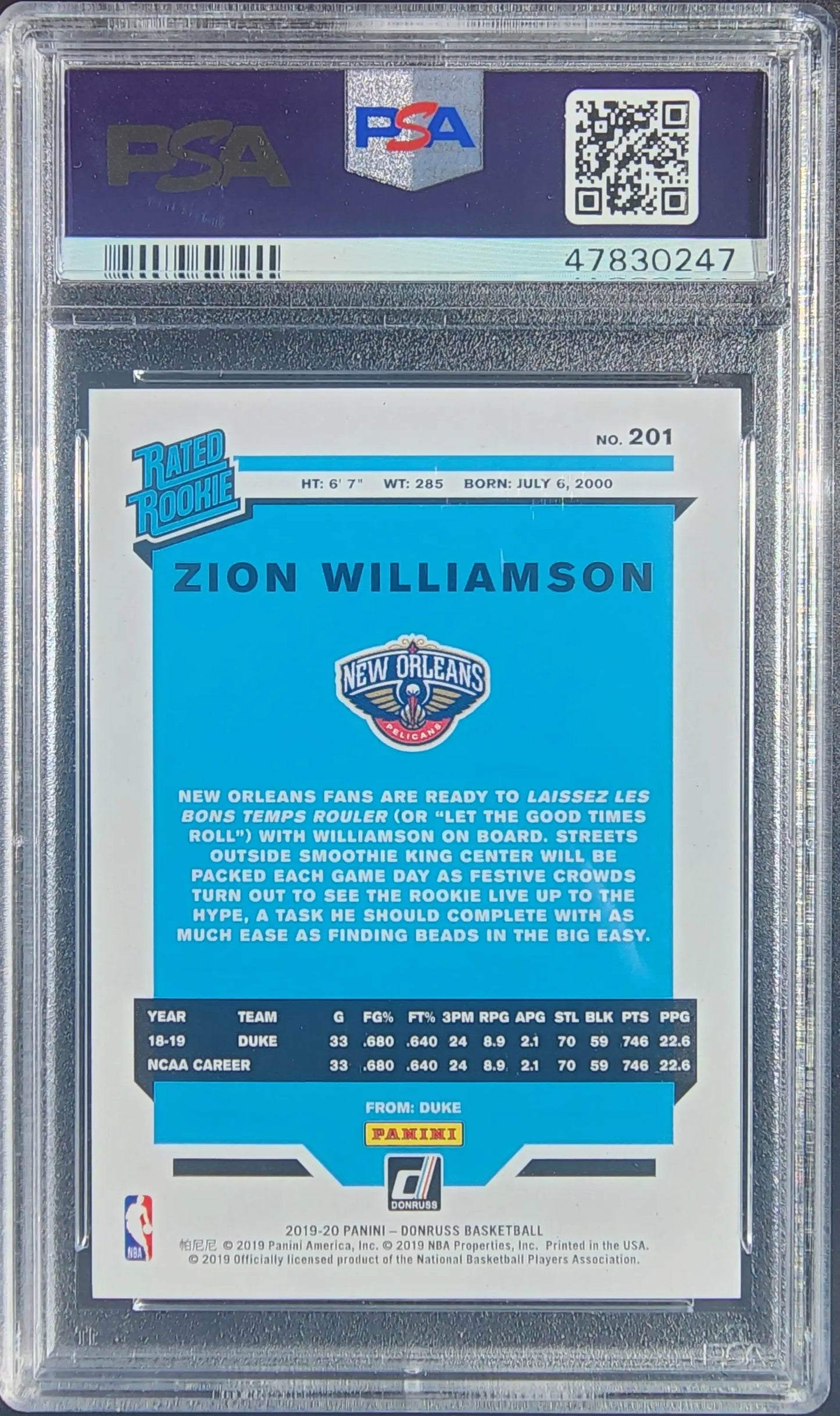 Zion Williamson 2019 Donruss Press Proof Red Laser card in protective case PSA 10 Mint