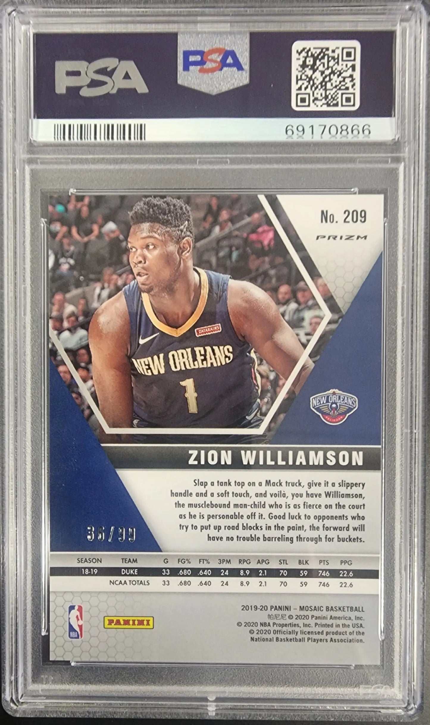 PSA-graded Zion Williamson 2019 Panini Mosaic Blue Mosaic basketball card 36/99