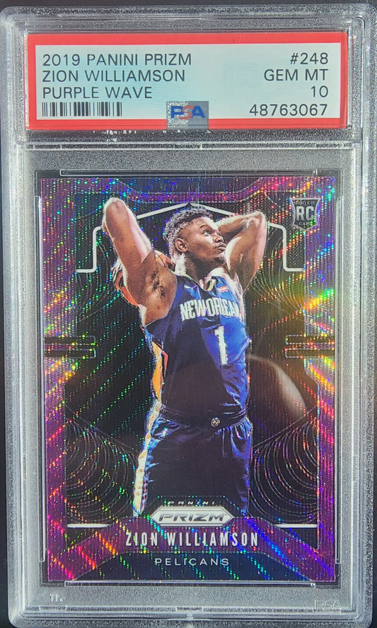 Zion Williamson 2019 Panini Prizm Purple Wave PSA 10 Gem Mint basketball card image