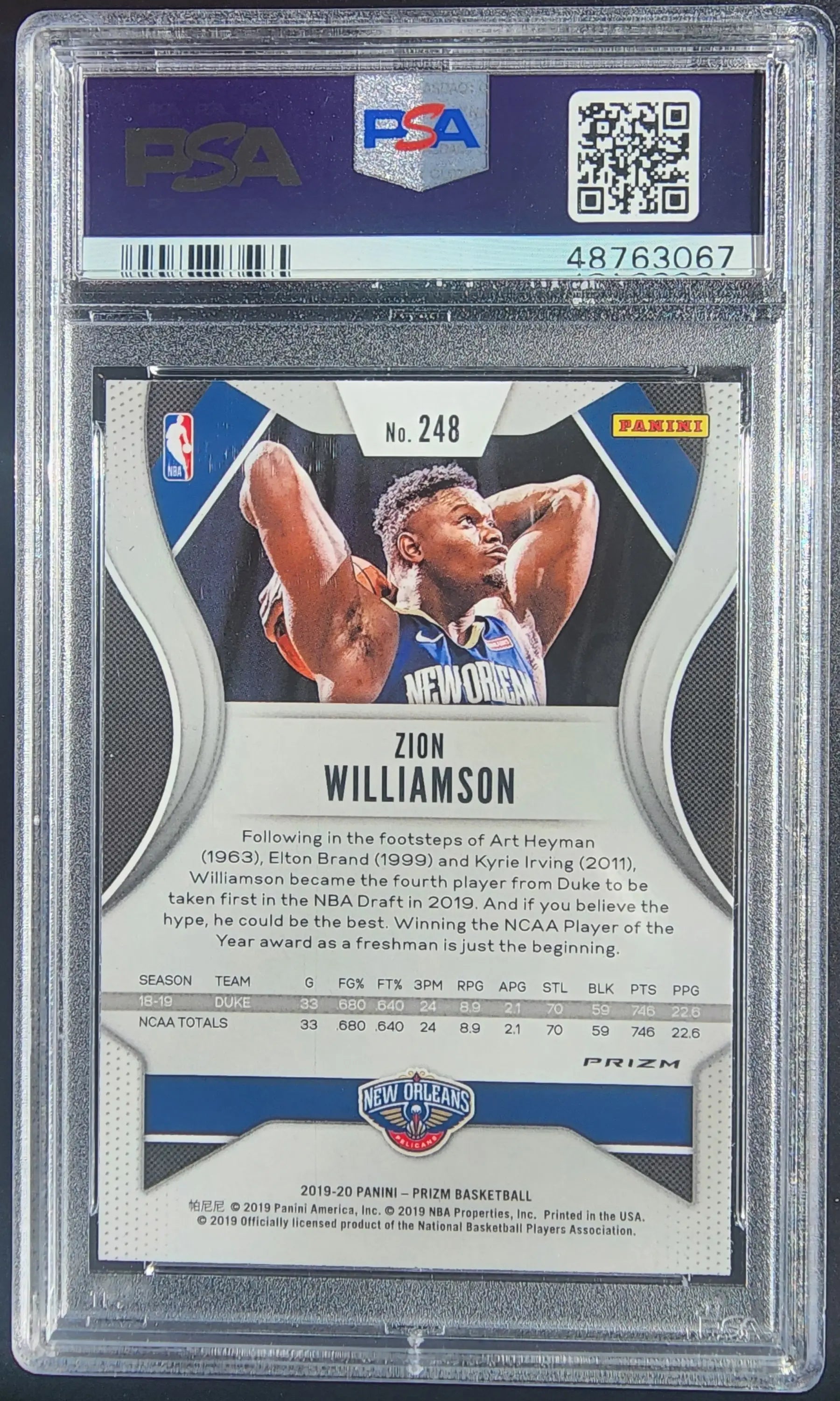 Zion Williamson shooting on 2019 Panini Prizm #248 Purple Wave PSA 10 Gem Mint card