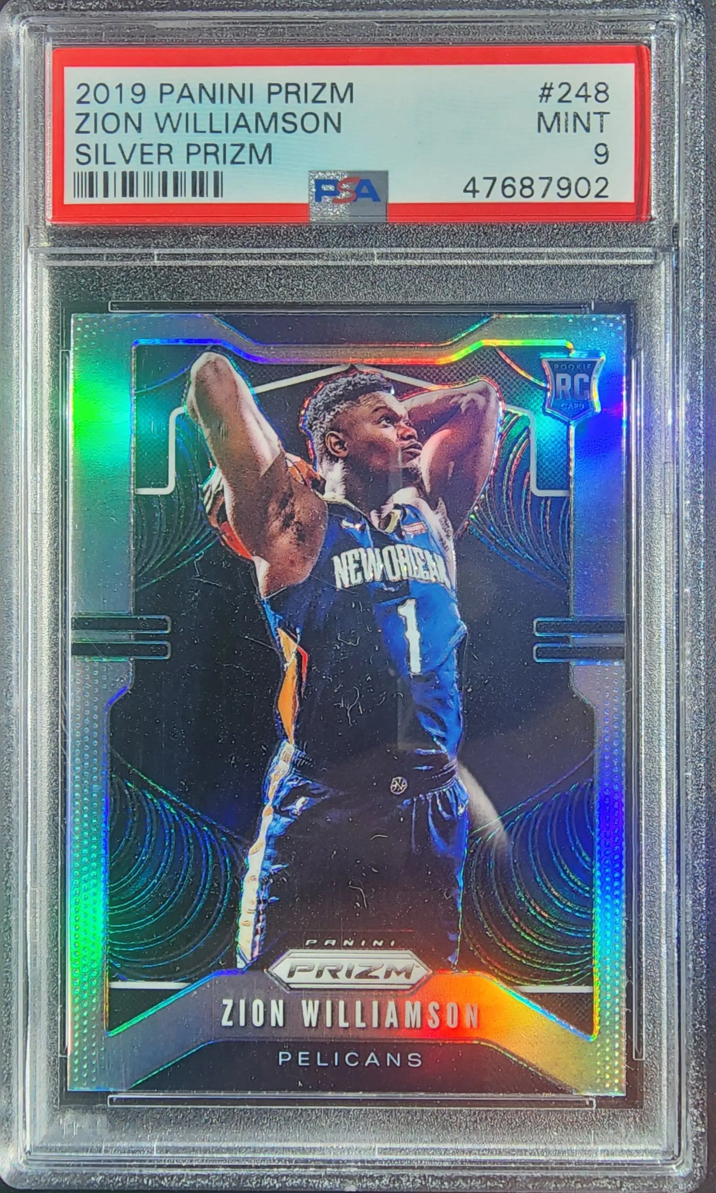 Zion Williamson 2019 Panini Prizm Silver PSA 9 Mint rookie card in shooting pose