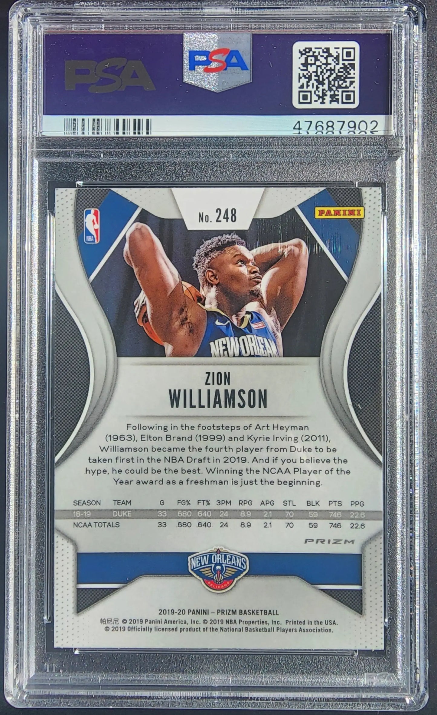 Zion Williamson 2019 Panini Prizm #248 Silver PSA 9 Mint basketball card in action