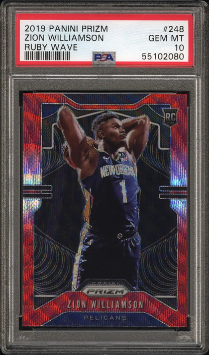 PSA 10 Zion Williamson 2019 Panini Prizm Ruby Wave #249 dunking in dark uniform