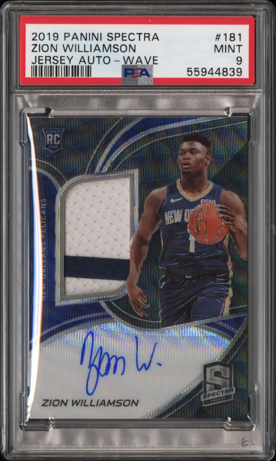 PSA-graded Zion Williamson 2019 Panini Spectra Wave Jersey Auto in protective case