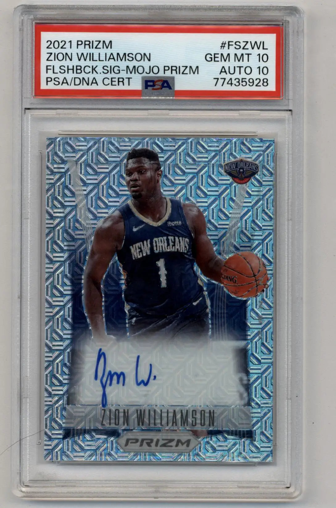 PSA-graded 2021 Prizm Flashback Signature Mojo Auto of Zion Williamson in navy jersey