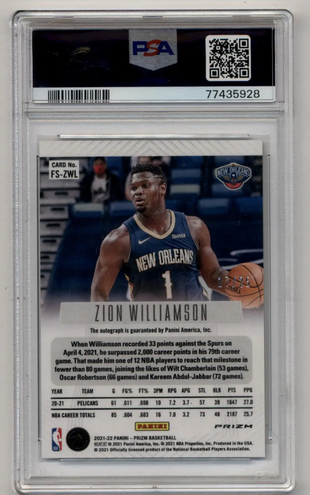 PSA-graded Zion Williamson 2021-22 Prizm Flashback Signature Mojo Auto card in navy jersey