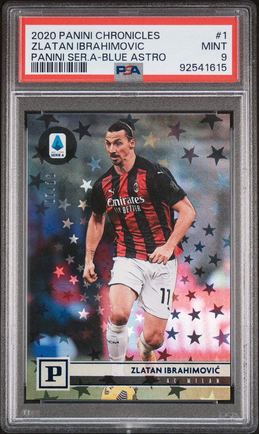 PSA graded Zlatan Ibrahimovic 2020 Panini Chronicles Blue Astro soccer card in red jersey