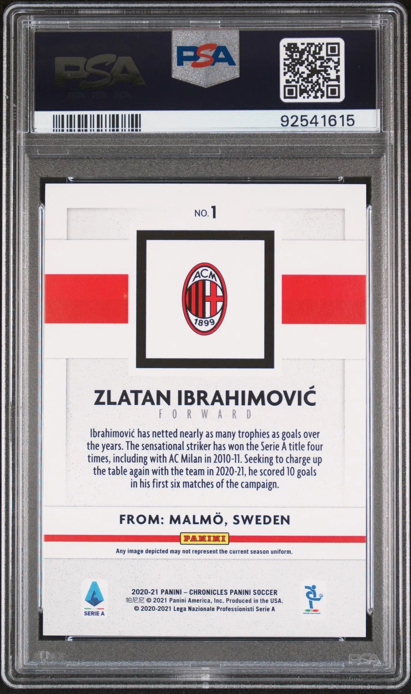 PSA-graded Zlatan Ibrahimovic 2020 Panini Chronicles Blue Astro soccer card with AC Milan logo