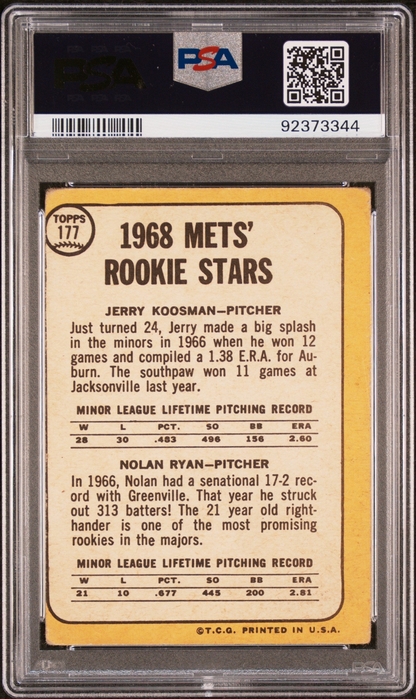 1968 Mets Rookie Stars baseball card featuring Nolan Ryan and Jerry Koosman in PSA holder