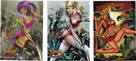 Three dynamic comic book covers showcasing female characters for Zombies vs Cheerleaders trading cards