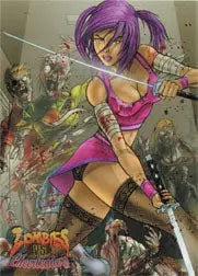 Anime-style female warrior with purple hair on Zombies vs Cheerleaders promo card