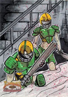 Two football players in green uniforms and yellow helmets on Zombies vs Cheerleaders Sketch Card by Ben Hansen