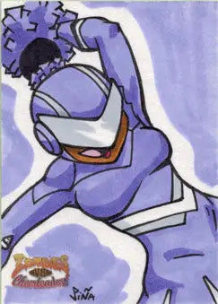 Stylized purple cartoon character with muscular arms on Zombies vs Cheerleaders sketch card by Jeff Pina