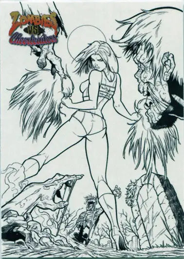 Scantily-clad woman sketch with fantastical creatures on Zombies vs Cheerleaders promo card