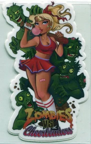 Cartoon die cut promo sticker featuring a blonde cheerleader and green zombies