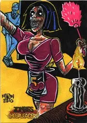 Stylized skeleton in purple dress holding pink object on Zombies vs Cheerleaders sketch card by Frankie B Washington