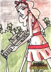 Cartoon woman in red holding a gun, featured in Spencer Platt sketch card trading cards