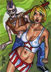 Stylized cartoon of woman in patriotic attire attacked by zombie on Adam Cleveland sketch card