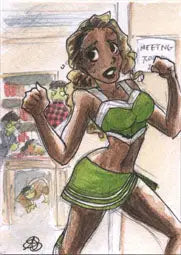 Cartoon athletic woman in green flexing muscles on Zombies vs Cheerleaders Sketch Card by Amber Stone