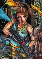 Stylized illustration of a determined woman with a futuristic rifle on Zombies vs Cheerleaders Sketch Card by Danny Kuang