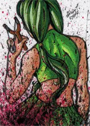 Stylized green-haired figure and deer-like creatures in Nicole Goff sketch card