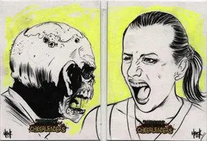 Side-by-side portraits of a screaming person and a skull in Robert Hack’s trading cards