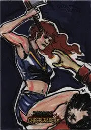 Stylized illustration of a woman wielding a sword on Zombies vs Cheerleaders sketch card by Gerard Conte