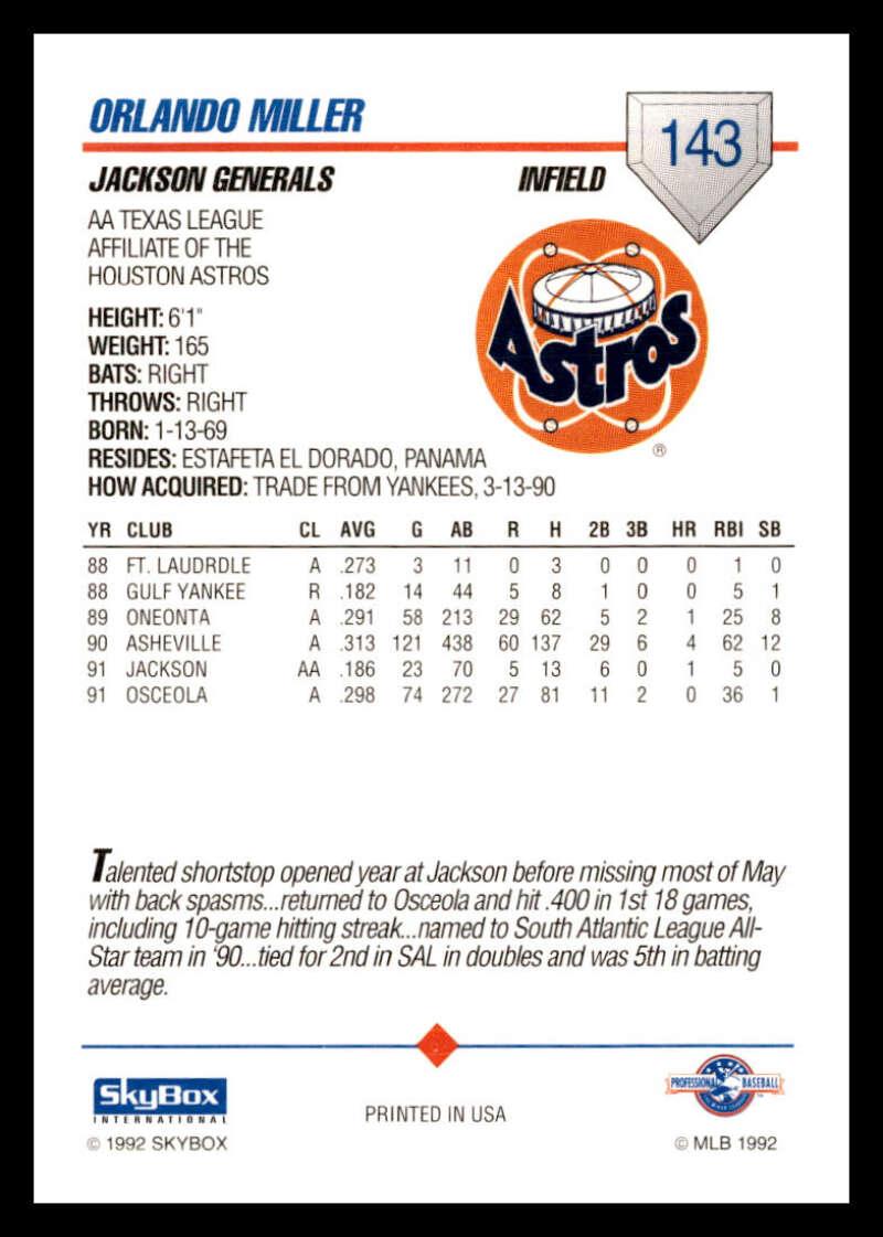 1992 Skybox AA #143 Orlando Miller Jackson Generals NM-MT Baseball Card - TradingCardsMarketplace.com