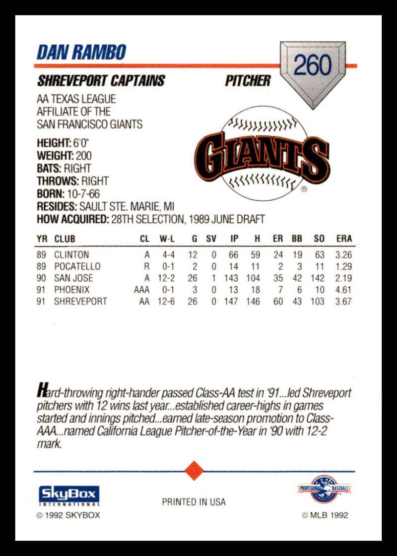 1992 Skybox AA #260 Dan Rambo Shreveport Captains NM-MT Baseball Card - TradingCardsMarketplace.com