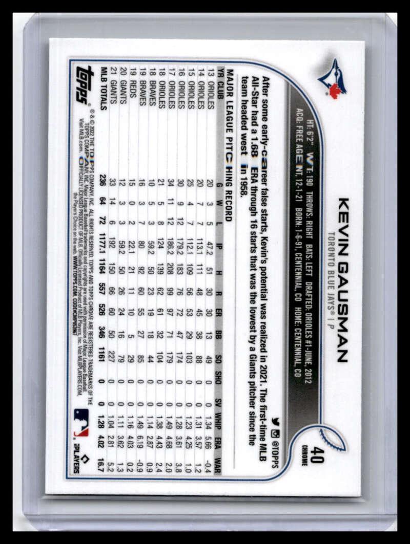 2022 Topps Chrome #40 Kevin Gausman NM-MT Toronto Blue Jays Baseball Card - TradingCardsMarketplace.com