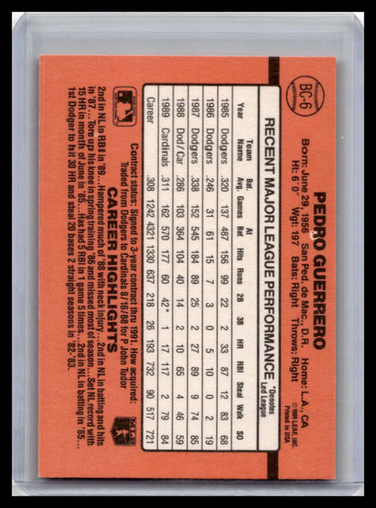 1990 Donruss #BC-6 Pedro Guerrero NM-MT St. Louis Cardinals Baseball Card - TradingCardsMarketplace.com