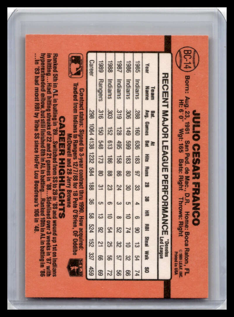 1990 Donruss #BC-14 Julio Franco NM-MT Texas Rangers Baseball Card - TradingCardsMarketplace.com