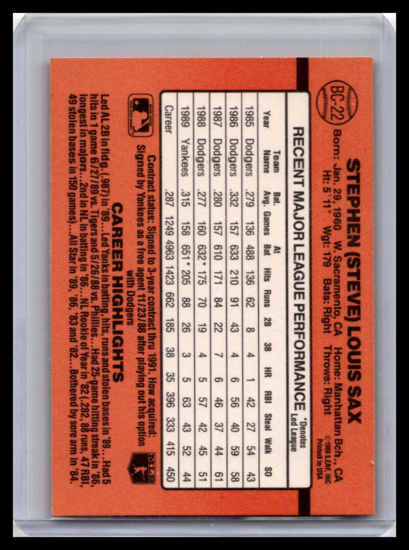 1990 Donruss #BC-22 Steve Sax NM-MT New York Yankees Baseball Card - TradingCardsMarketplace.com