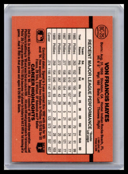 1990 Donruss #BC-25 Von Hayes NM-MT Philadelphia Phillies Baseball Card - TradingCardsMarketplace.com