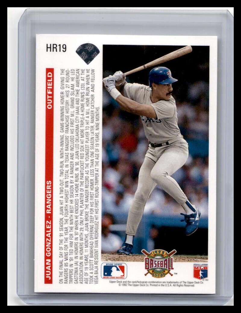 1992 Upper Deck #HR19 Juan Gonzalez NM-MT Texas Rangers Baseball Card - TradingCardsMarketplace.com