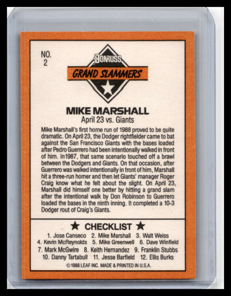 1989 Donruss #2 Mike Marshall NM-MT Los Angeles Dodgers Baseball Card - TradingCardsMarketplace.com