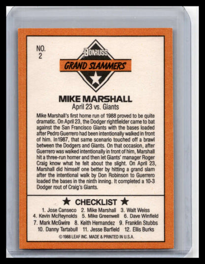 1989 Donruss #2 Mike Marshall NM-MT Los Angeles Dodgers Baseball Card - TradingCardsMarketplace.com