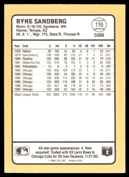 1988 Donruss Baseball's Best #116 Ryne Sandberg EX Chicago Cubs Baseball Card - TradingCardsMarketplace.com