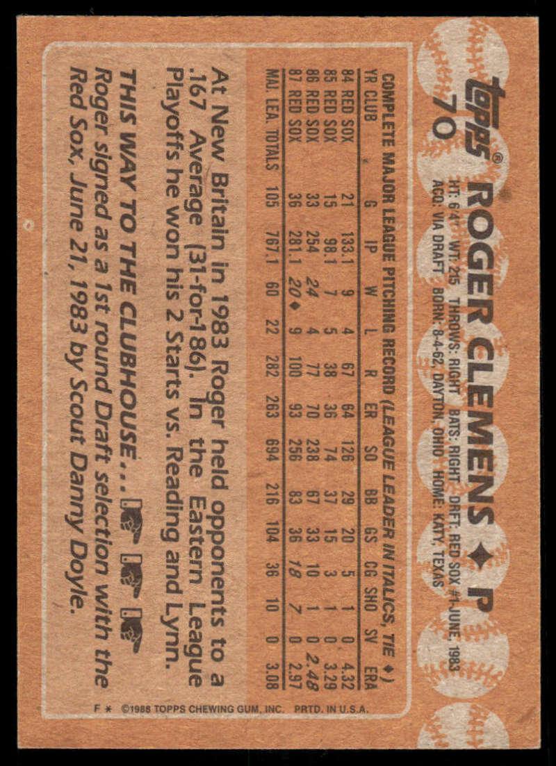 1988 Topps #70 Roger Clemens EX/NM Boston Red Sox Baseball Card - TradingCardsMarketplace.com