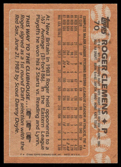 1988 Topps #70 Roger Clemens EX/NM Boston Red Sox Baseball Card - TradingCardsMarketplace.com