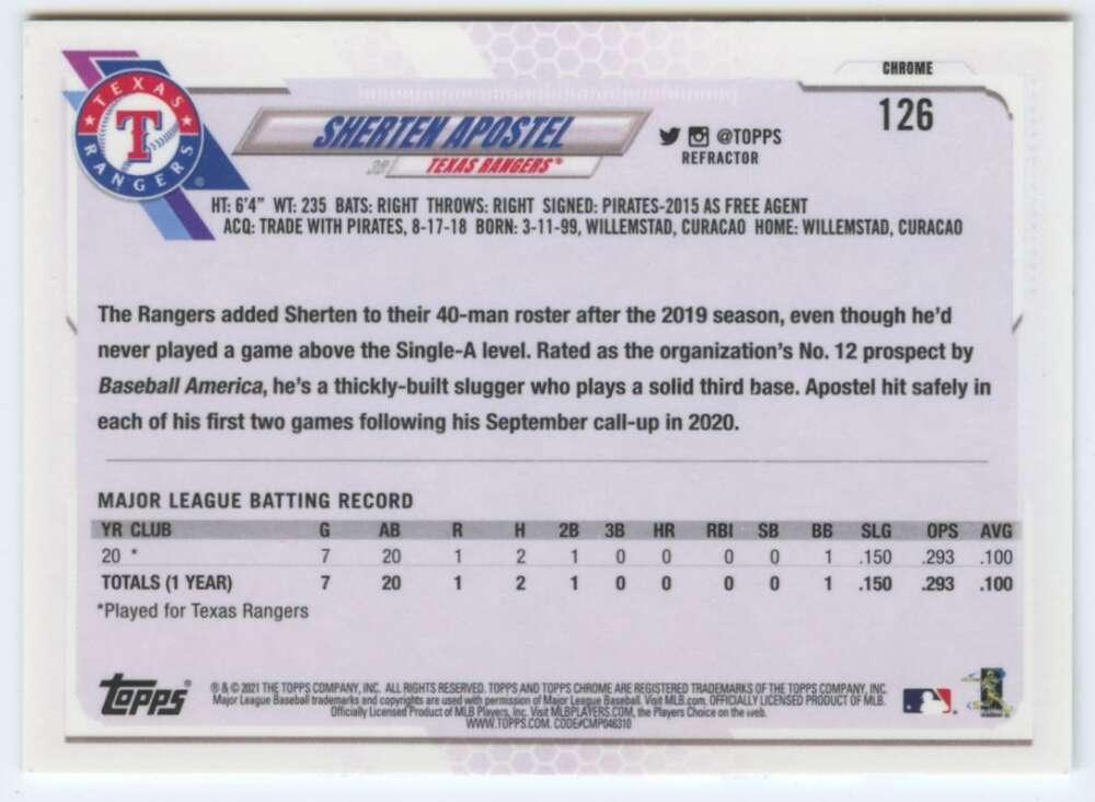 2021 Topps Chrome Refractor #126 Sherten Apostel NM/MT RC Rookie Texas Rangers Baseball Card - TradingCardsMarketplace.com