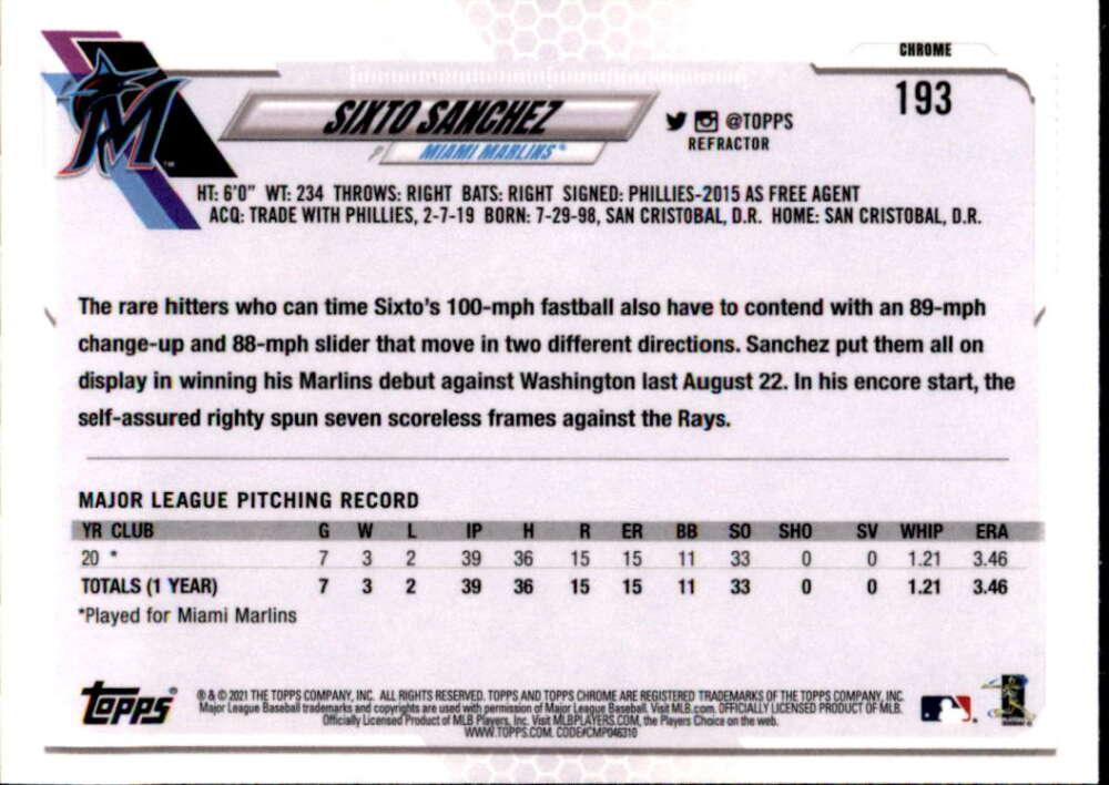 2021 Topps Chrome Refractor #193 Sixto Sanchez NM/MT RC Rookie Miami Marlins Baseball Card - TradingCardsMarketplace.com