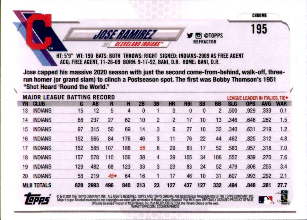 2021 Topps Chrome Refractor #195 Jose Ramirez NM/MT Cleveland Indians Baseball Card - TradingCardsMarketplace.com