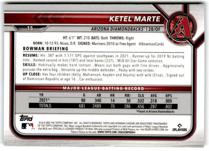 2022 Bowman Chrome #15 Ketel Marte NM-MT Arizona Diamondbacks Baseball Card - TradingCardsMarketplace.com
