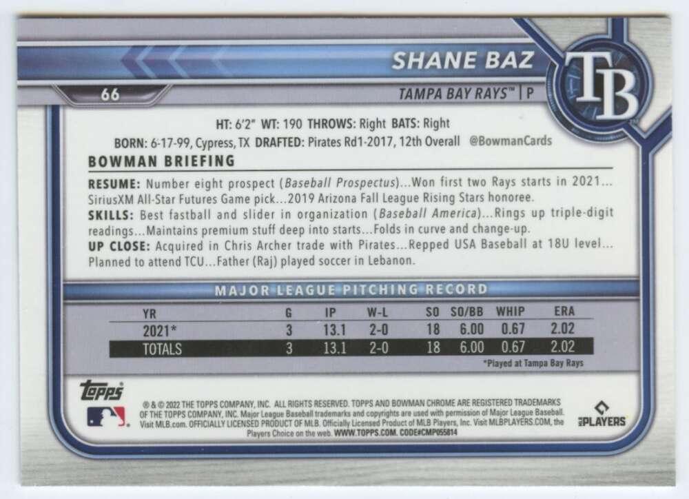 2022 Bowman Chrome #66 Shane Baz NM-MT RC Rookie Tampa Bay Rays Baseball Card - TradingCardsMarketplace.com