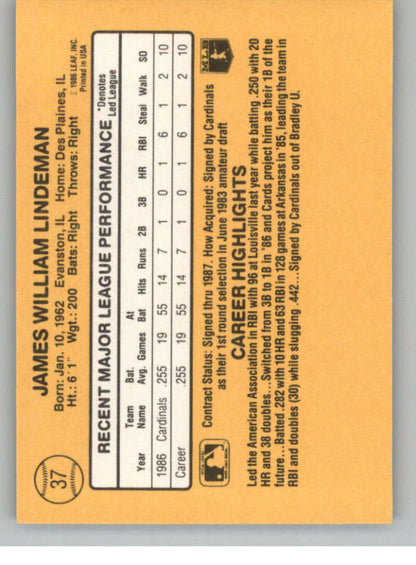 1987 Donruss #37 Jim Lindeman EX RC Rookie St. Louis Cardinals Baseball Card - TradingCardsMarketplace.com