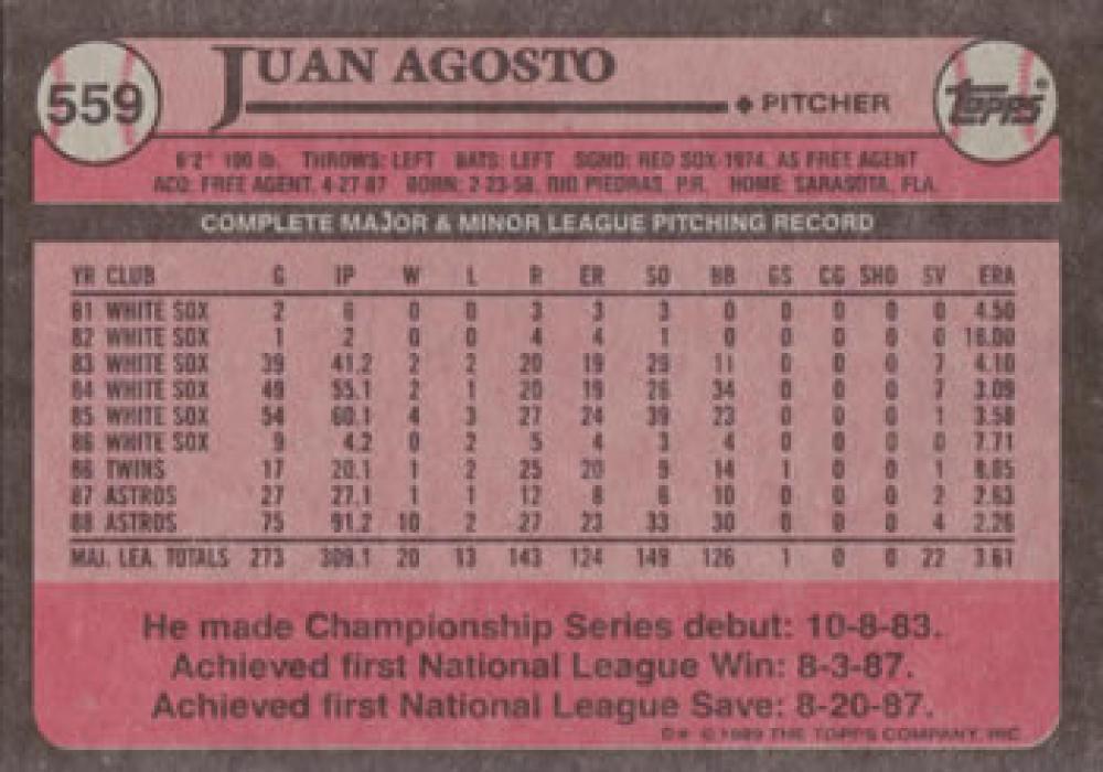 1989 Topps #559 Juan Agosto NM-MT Houston Astros Baseball Card - TradingCardsMarketplace.com