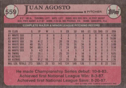 1989 Topps #559 Juan Agosto NM-MT Houston Astros Baseball Card - TradingCardsMarketplace.com
