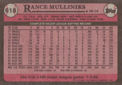 1989 Topps #618 Rance Mulliniks NM-MT Toronto Blue Jays Baseball Card - TradingCardsMarketplace.com